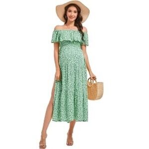 Green Floral Off Shoulder Smocked Top‎ Flutter Sleeve Casual Boho Womens S